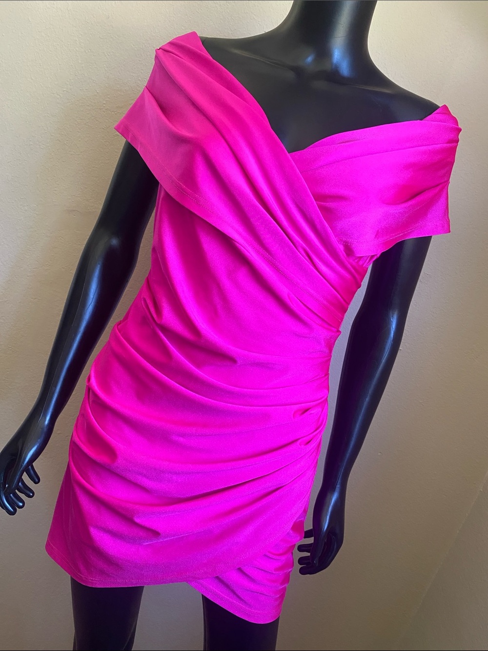 Azalea Wang Fuchsia Pink Barbiecore Glam TayTay Draped Cowl Mini Dress - Picture 1 of 13